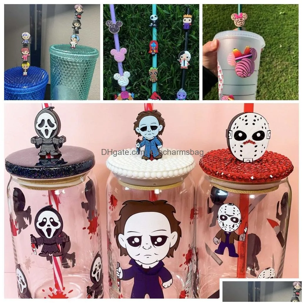 moq 20pcs new horror movie halloween custom silicone straw toppers cover charms buddies DIY decorative 8mm straw party supplies gift