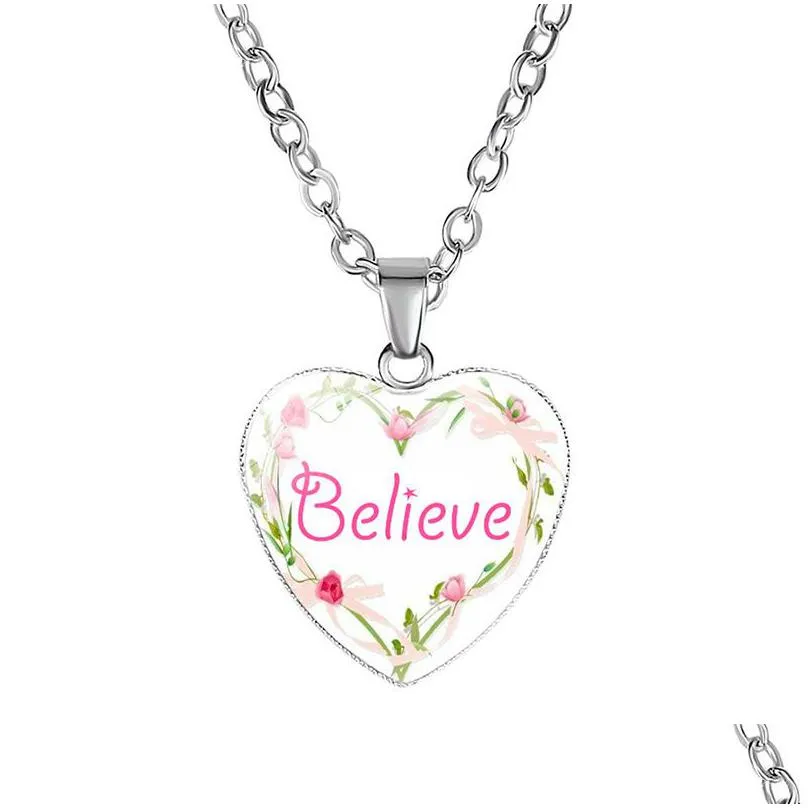 new inspirational heart shape necklaces for women love hope dream believe faith letter glass pendant chains 2020 fashion jewelry