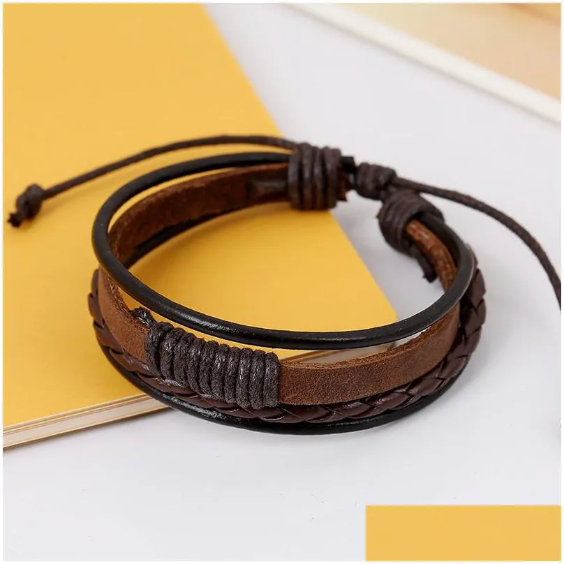 korean handmade woven leather cord bracelet mens multi-layered wrap adjustable wristband bangle for women fashion diy jewelry gift