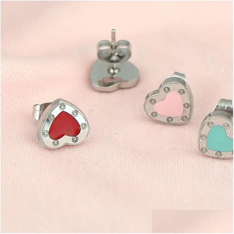 10mm heart earring stud women stainless steel couple earring red flannel bag jewelry wholesale 7 oclock blue green pink