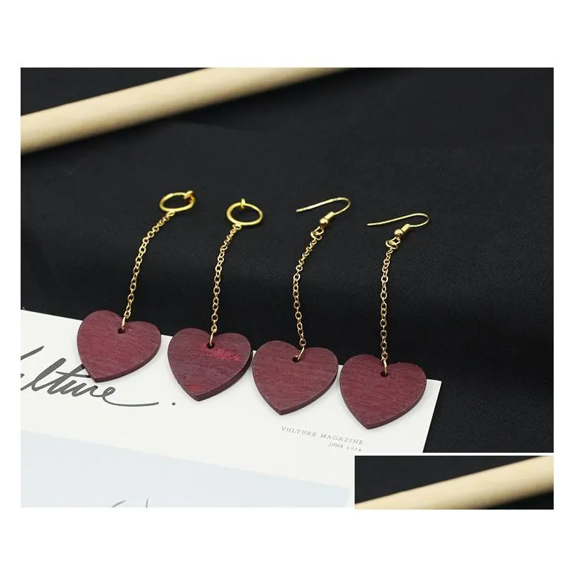 new korean wooden heart with lovers dangling earrings women wood wine red hearts clip on earrings for ladies fashion sexy jewelry