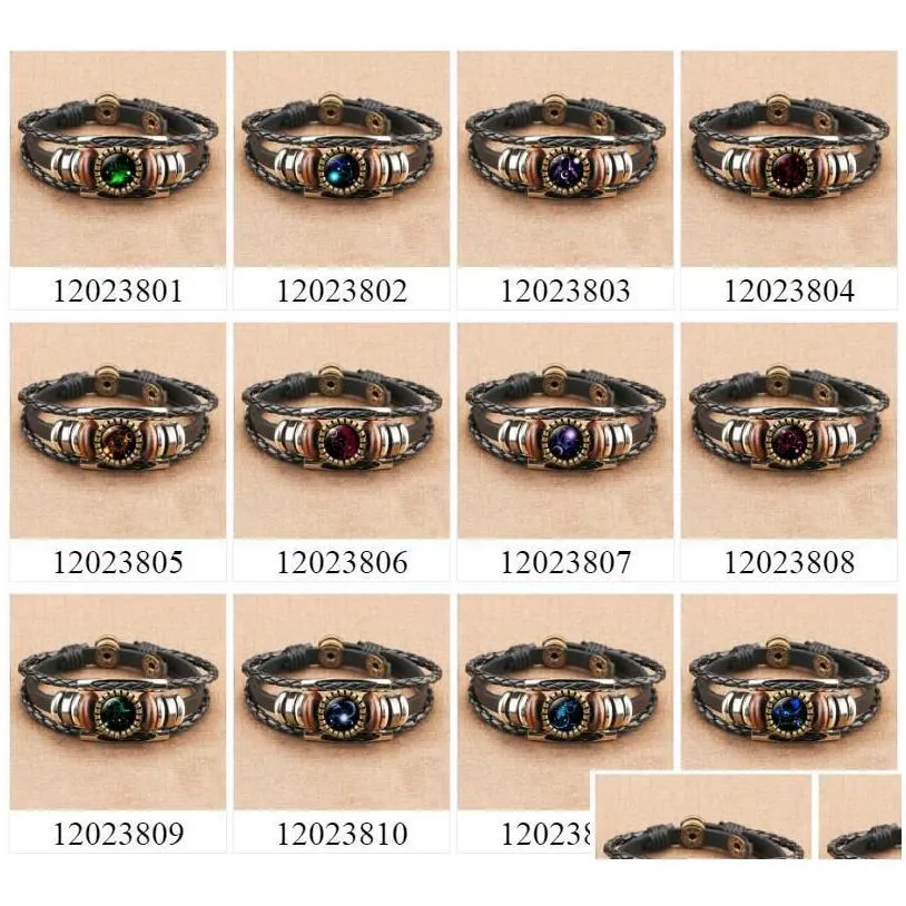 fashion zodiac sign leather wrap bracelets 12 horoscope cabochons glass charm adjustable bangle for women men fashion jewelry in bulk