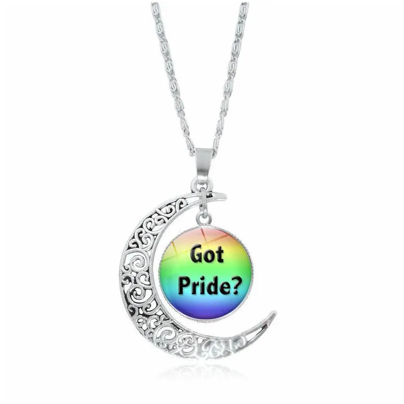 new rainbow lgbt gay pride moon necklace for women men love glass cabochon pendant chains fashion jewelry gift