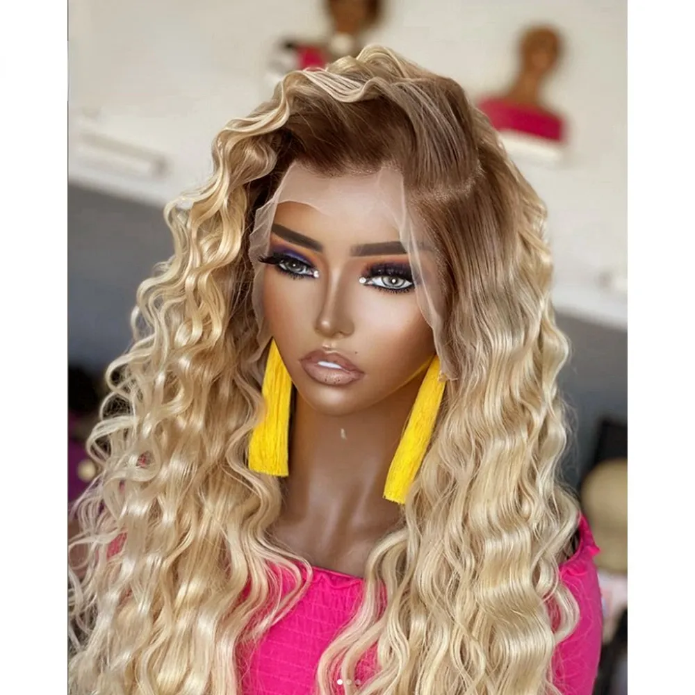 Deep Wave 4T613 Brazilian Human Hair 13X4 Lace Front Wig Preplucked Ombre Honey Blonde Colored Synthetic Frontal Wigs For Women