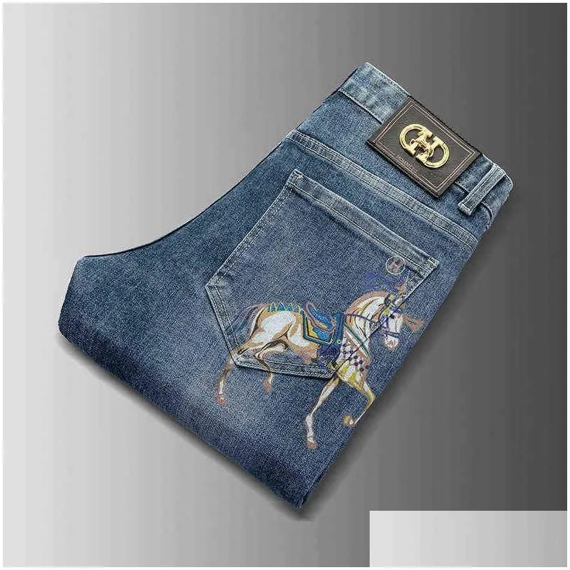 spring summer brand jeans mens elastic korean version slim fitting feet golden horse printed blue pants