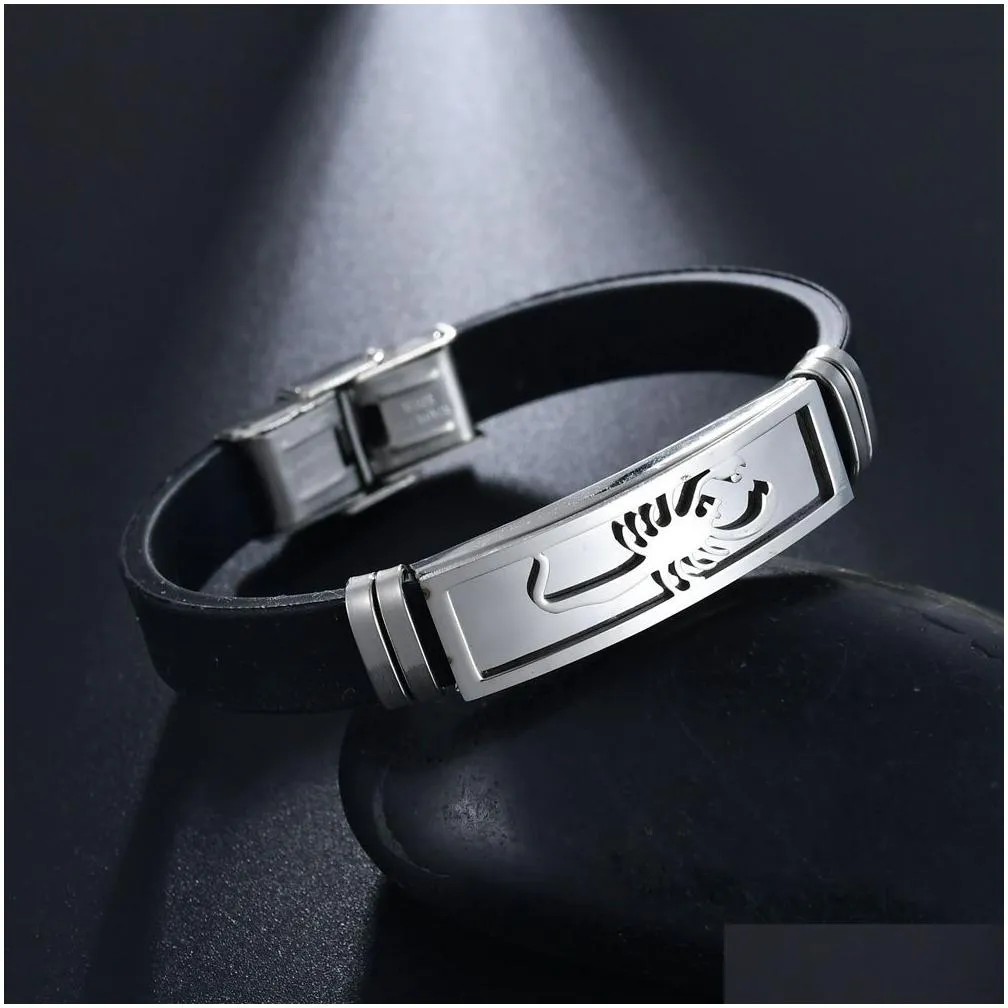 new punk black silicone bracelets for men women stainless steel scorpion cross design bangle wristbands fashion jewelry gift