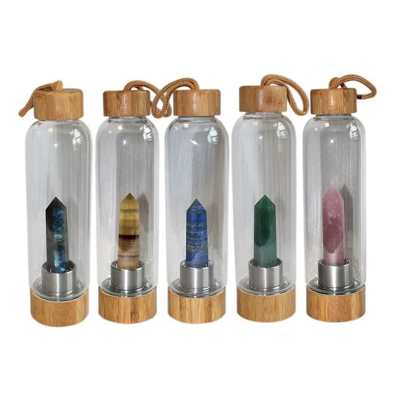 550ml natural crystal glass cup water bottles energy bamboo cover kettle outdoor portable sports water cups