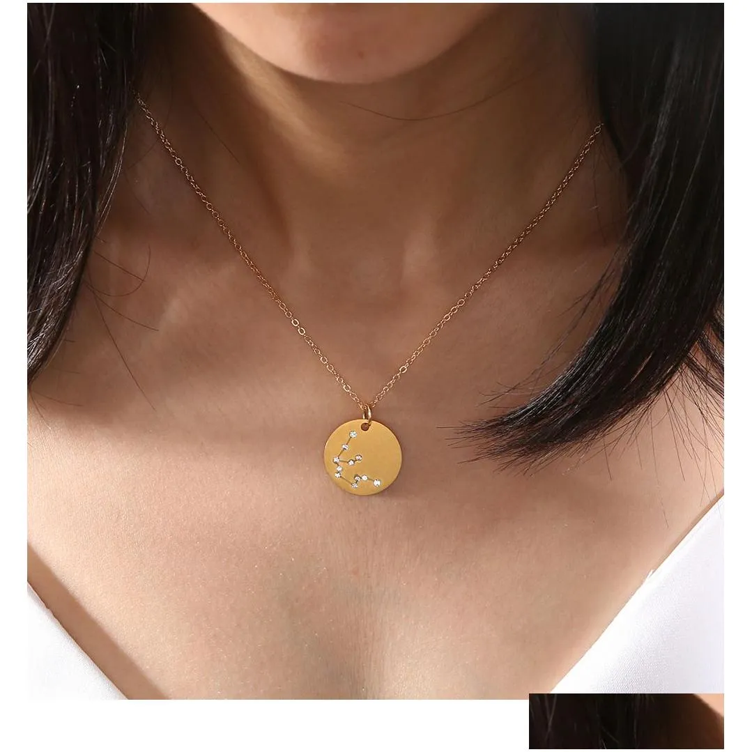 12 zodiac sign necklaces for women men personalized crystal constellations stainless steel coin pendant gold chains fashion jewelry