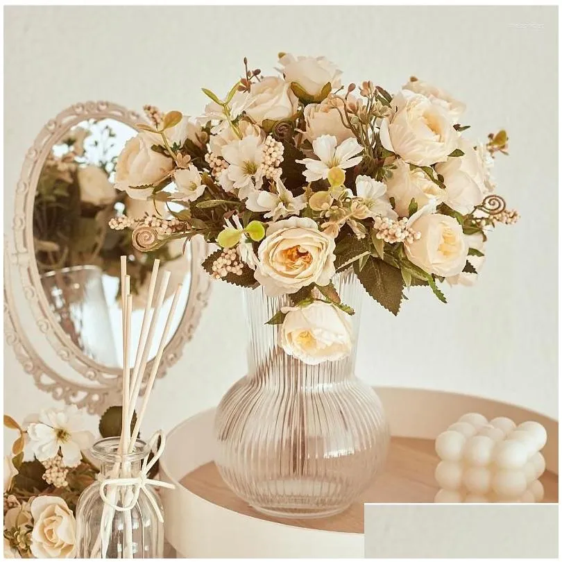 Decorative Flowers 6 Heads Artificial Flower Silk Rose White Eucalyptus Leaves Peony Bouquet Fake For Wedding Table Party Vase Home