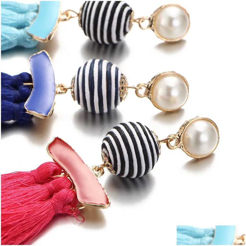 new ethnic boho tassel dangle earrings for women line ball pearl statement long drop handmade earring charms bohemian jewelry