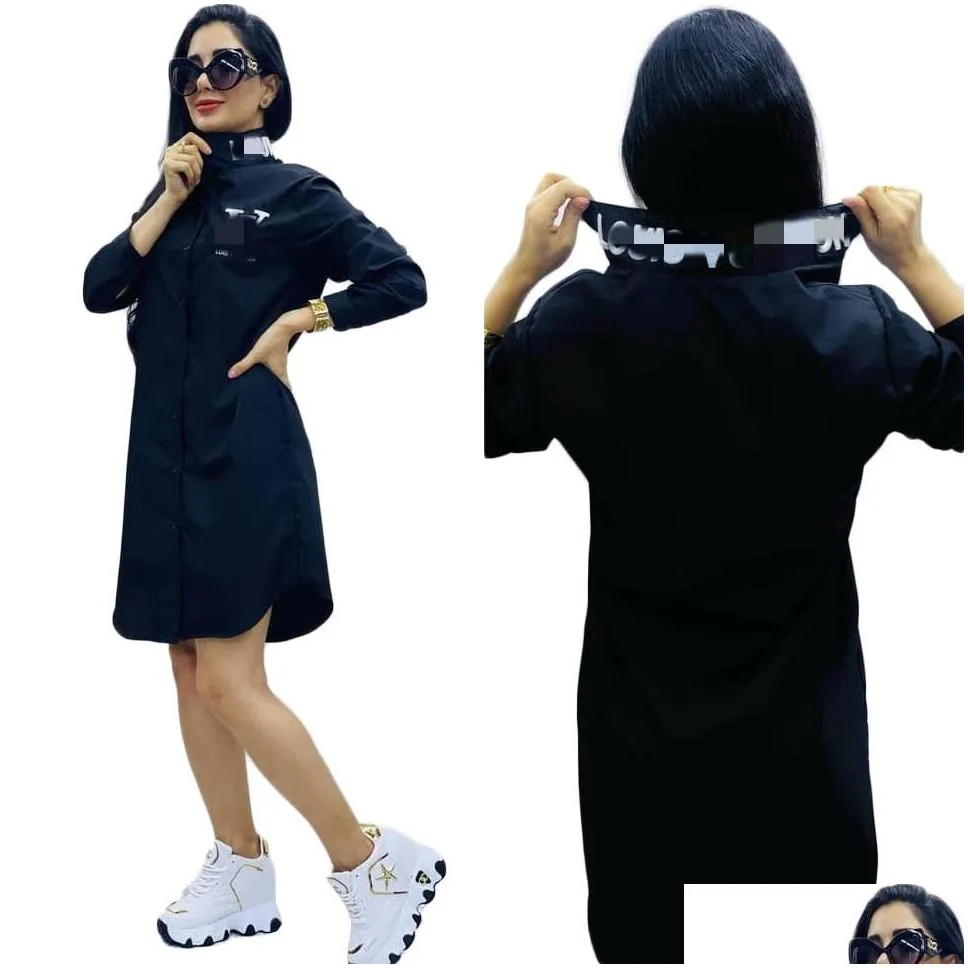 2023 Casual Letter Print Shirt Dress Women Lapel Neck Long Sleeve Short Mini Dresses Free Ship