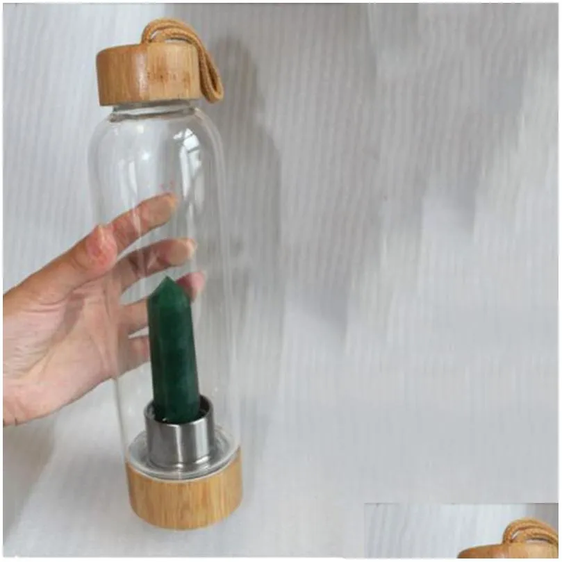 550ml natural crystal glass cup water bottles energy bamboo cover kettle outdoor portable sports water cups