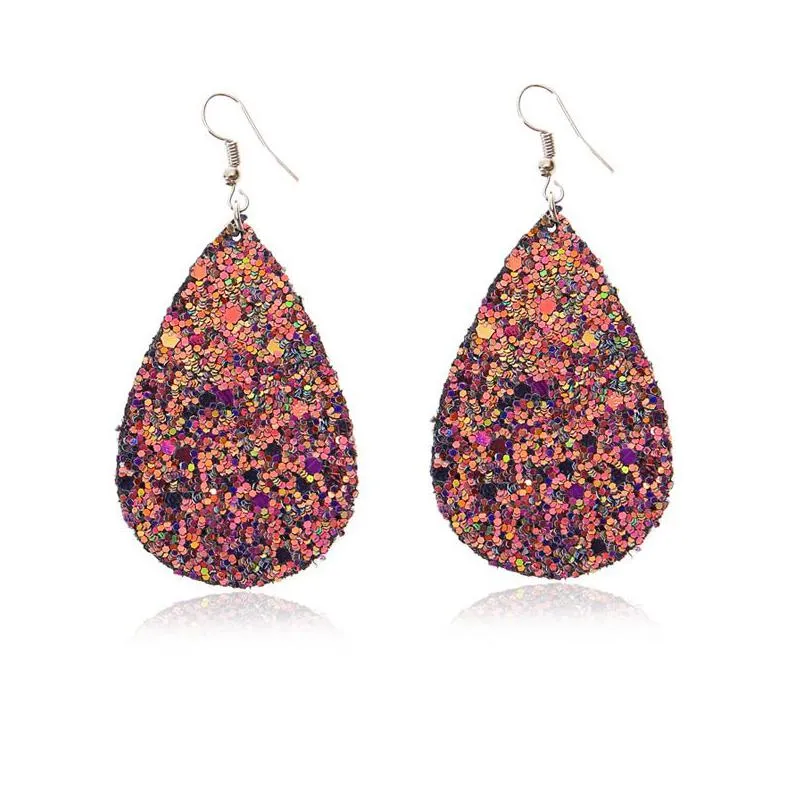 bohemian water drop leather earrings for women ethnic multicolor sequins pu leather long dangle earrings girls fashion jewelry party