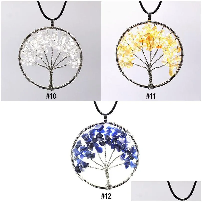 7 chakra tree of life pendant necklaces healing natural crystal gravel stone charm leather wax rope chain for women fashion jewelry