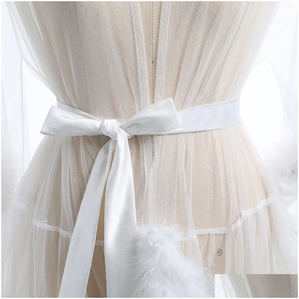 Sleepwear Short Feather Robe Dressing Gown Bridal Boudoir Sheer Robe Tulle Illusion Birthday Costume
