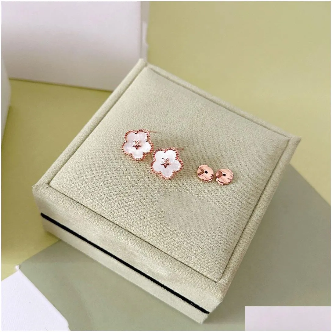 fashion pink flower 4/four leaf clover charm stud earrings mother-of-pearl 18k gold plated agate for womengirls valentines mothers day wedding jewelry