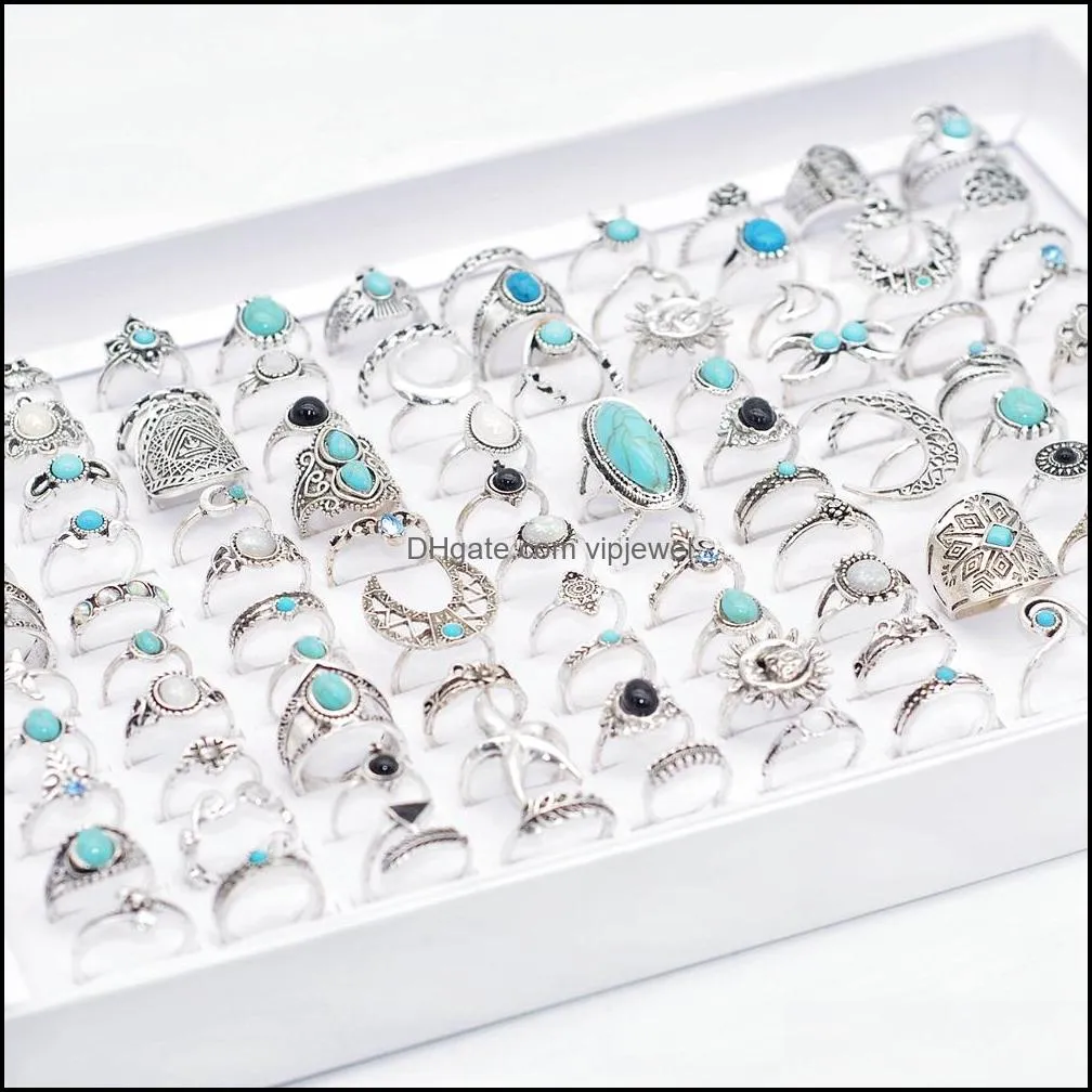 bulk lots 50pcs ancient silver bohemia natural pine stone vintage rings turquoise for women fashion ethnic tribe antique jewelry accessories wholesale size