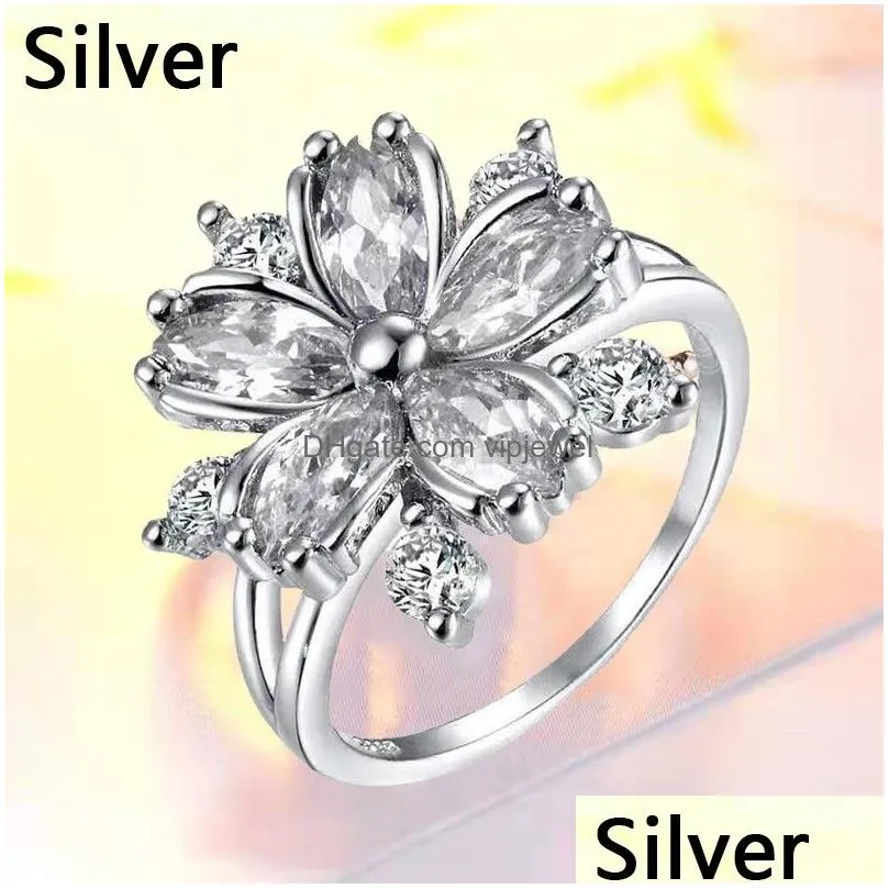 cute female pink crystal stone finger ring charm silver color thin wedding rings for women bride flower zircon engagement bands