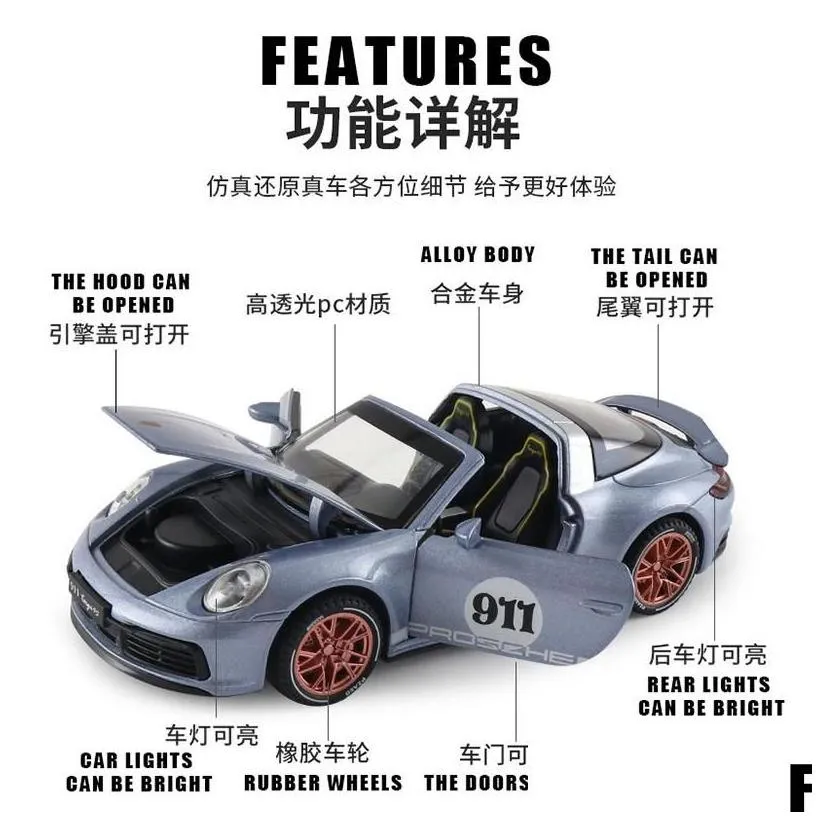 diecast model cars 1 32 porsche 911 917 alloy car miniature targa convertible supercar for children gift metal vehicle kid toys boys