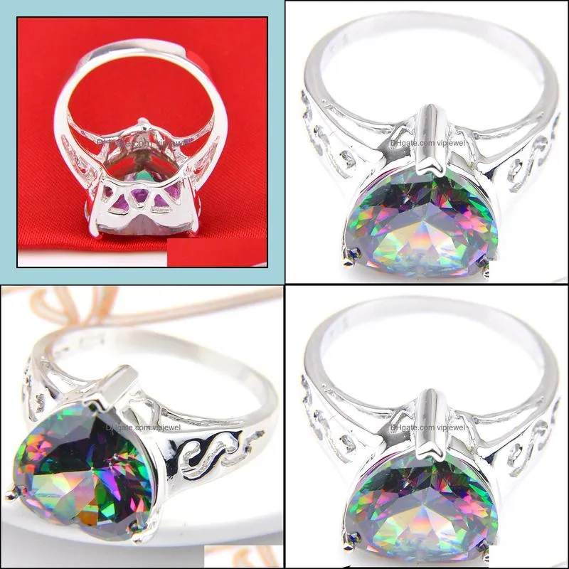 women wedding rings love heart fire multi-color rainbow natural mystic topaz silver cubic zirconia rings jewelry