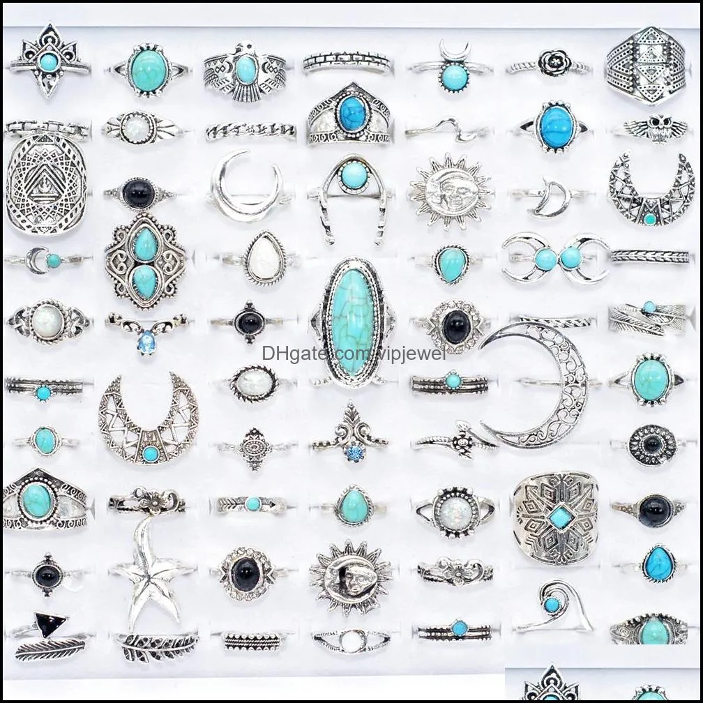 bulk lots 50pcs ancient silver bohemia natural pine stone vintage rings turquoise for women fashion ethnic tribe antique jewelry accessories wholesale size