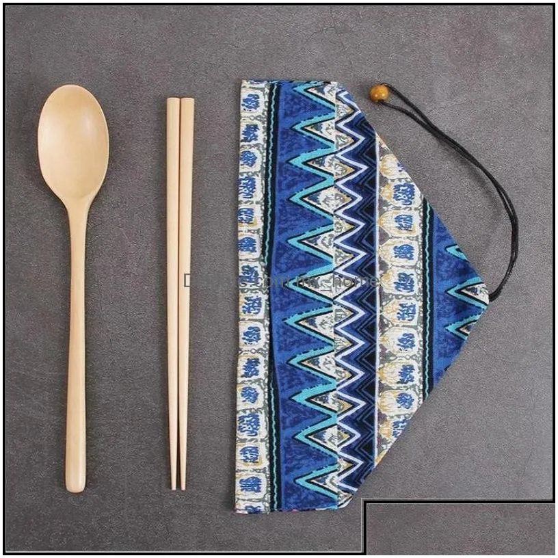 Dinnerware Sets Kitchen Dining Bar Home Garden Chinese Chopsticks Tableware Wooden Cutlery With Spoon Fork Cloth Bag Environmentally