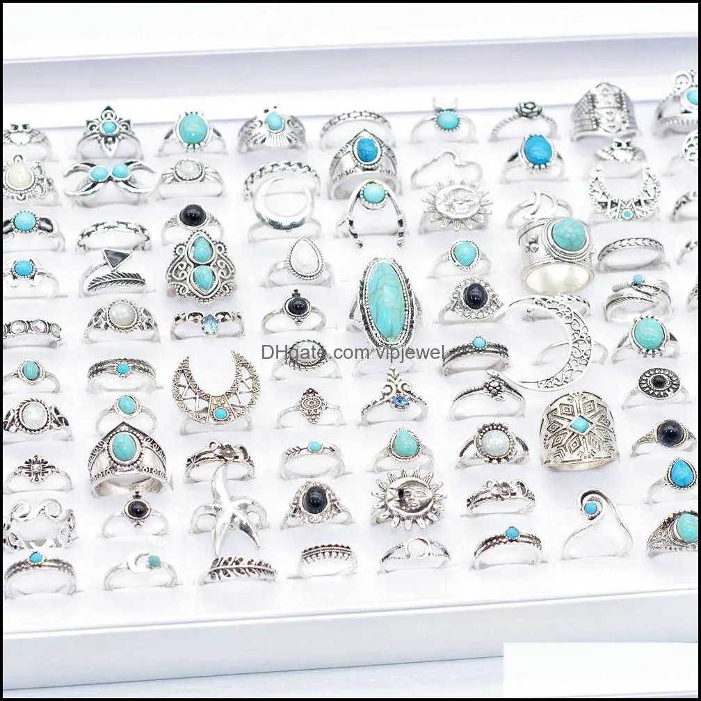 bulk lots 50pcs ancient silver bohemia natural pine stone vintage rings turquoise for women fashion ethnic tribe antique jewelry accessories wholesale size