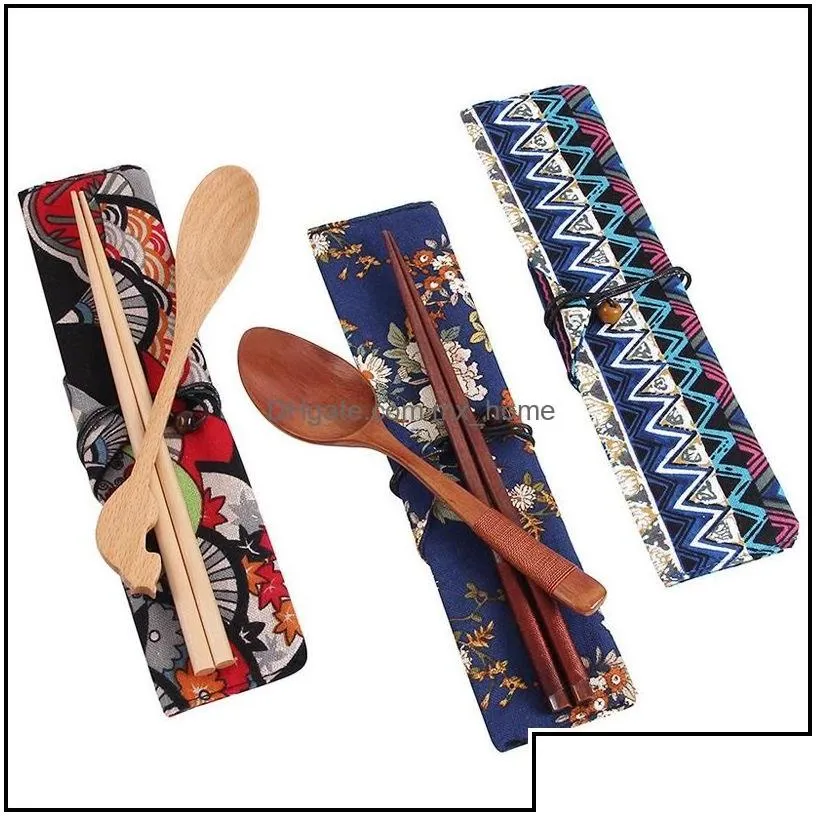 Dinnerware Sets Kitchen Dining Bar Home Garden Chinese Chopsticks Tableware Wooden Cutlery With Spoon Fork Cloth Bag Environmentally