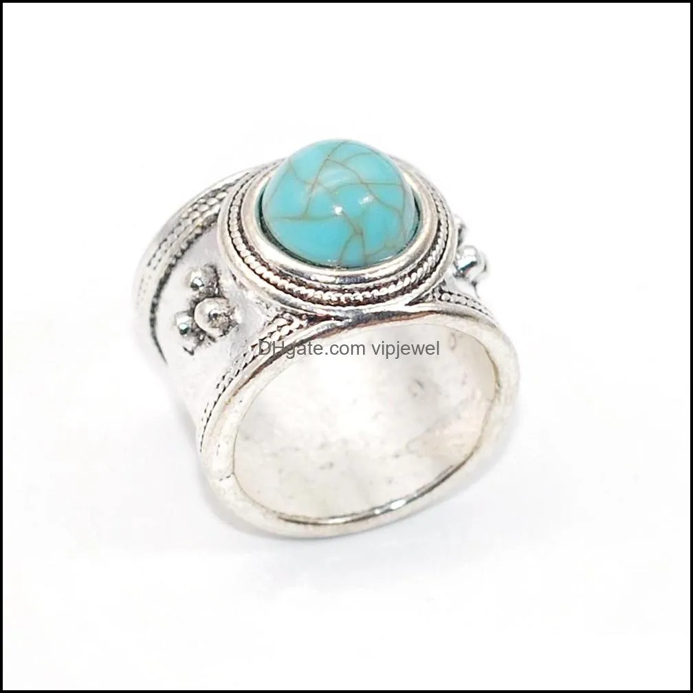 bulk lots 50pcs ancient silver bohemia natural pine stone vintage rings turquoise for women fashion ethnic tribe antique jewelry accessories wholesale size