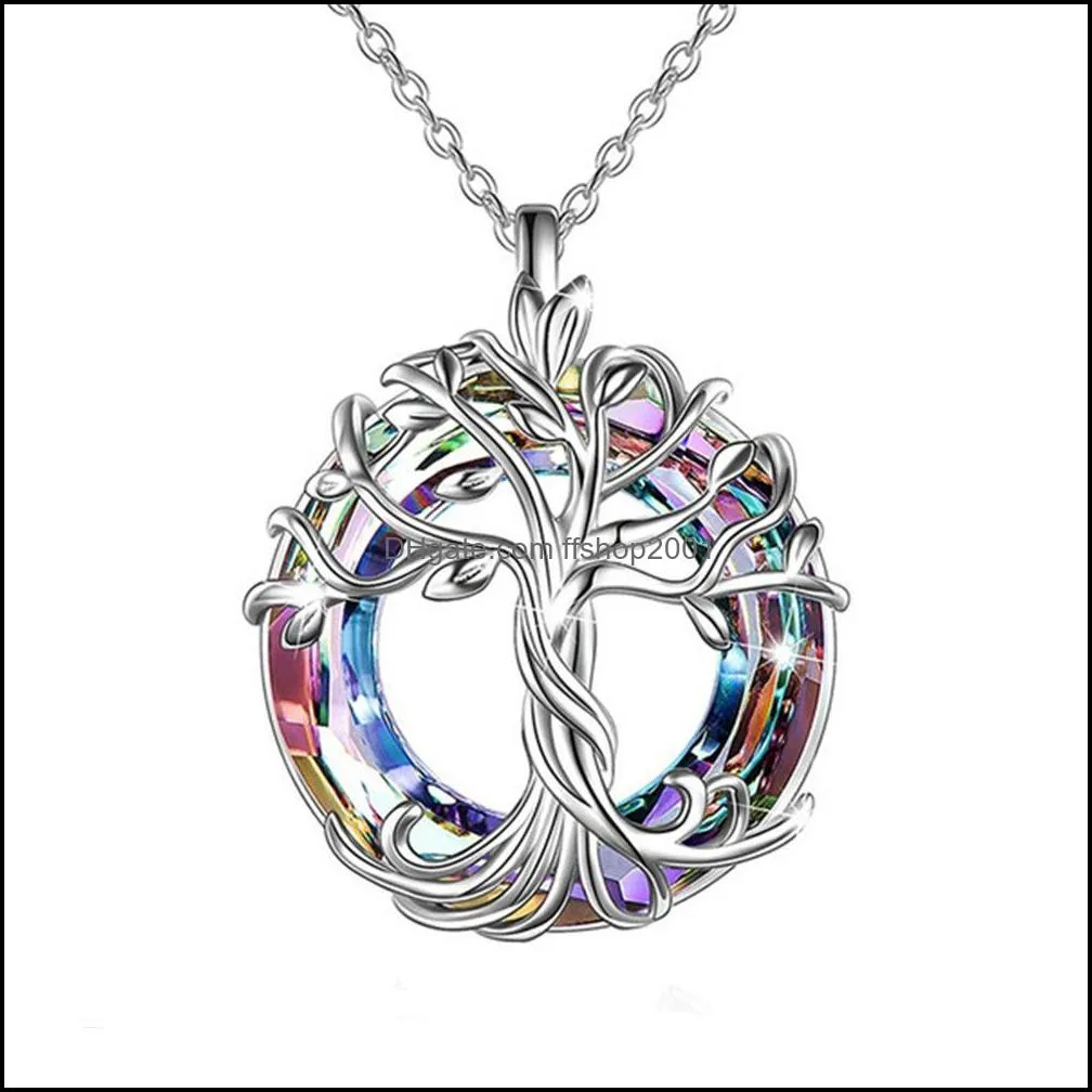 silver celtic family tree of life necklace for women round rainbow crystal pendant birthday gift for girls friends mom wholesale
