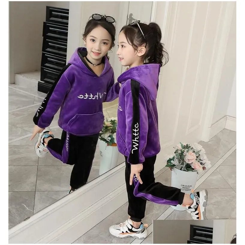 boys autumn winter sports suit children clothing set girls thick velvet hoodiesaddpants 2pcs kids tracksuit 3-10y sweatsuit lj200831