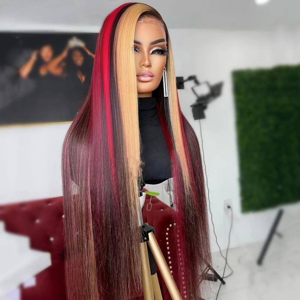 Highlight Red Blonde Colored Straight Body Wave Glueless Wig Pre-Plucked 13x4 Lace Frontal Human Hair Wig Synthetic For Women