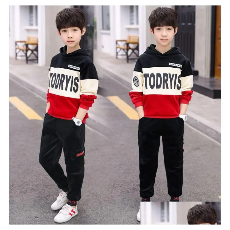 boys autumn winter sports suit children clothing set girls thick velvet hoodiesaddpants 2pcs kids tracksuit 3-10y sweatsuit lj200831