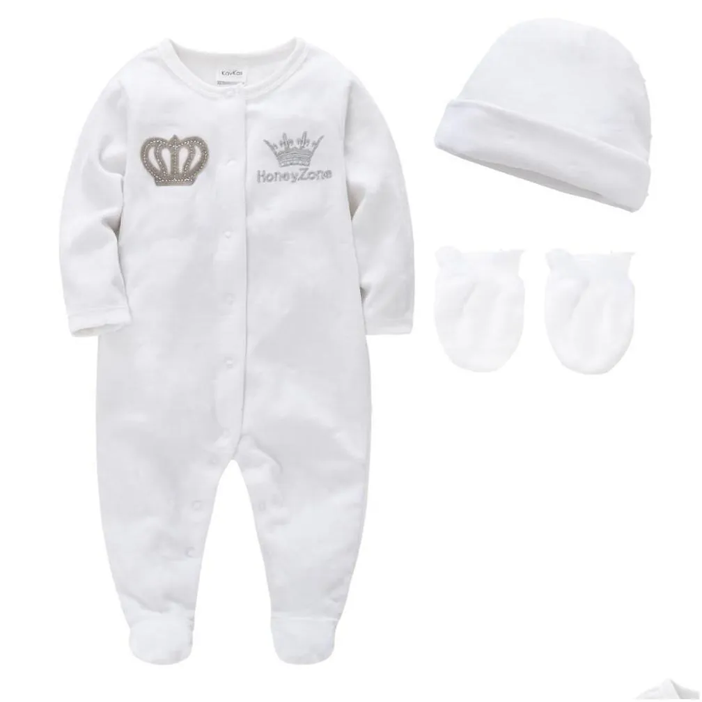 baby boys rompers royal crown prince clothing sets with cap gloves infant born one-pieces footies overall pajamas velour 210309