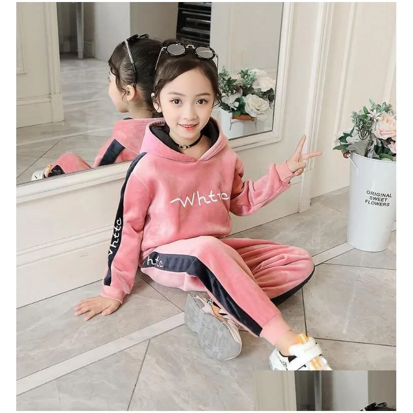 boys autumn winter sports suit children clothing set girls thick velvet hoodiesaddpants 2pcs kids tracksuit 3-10y sweatsuit lj200831