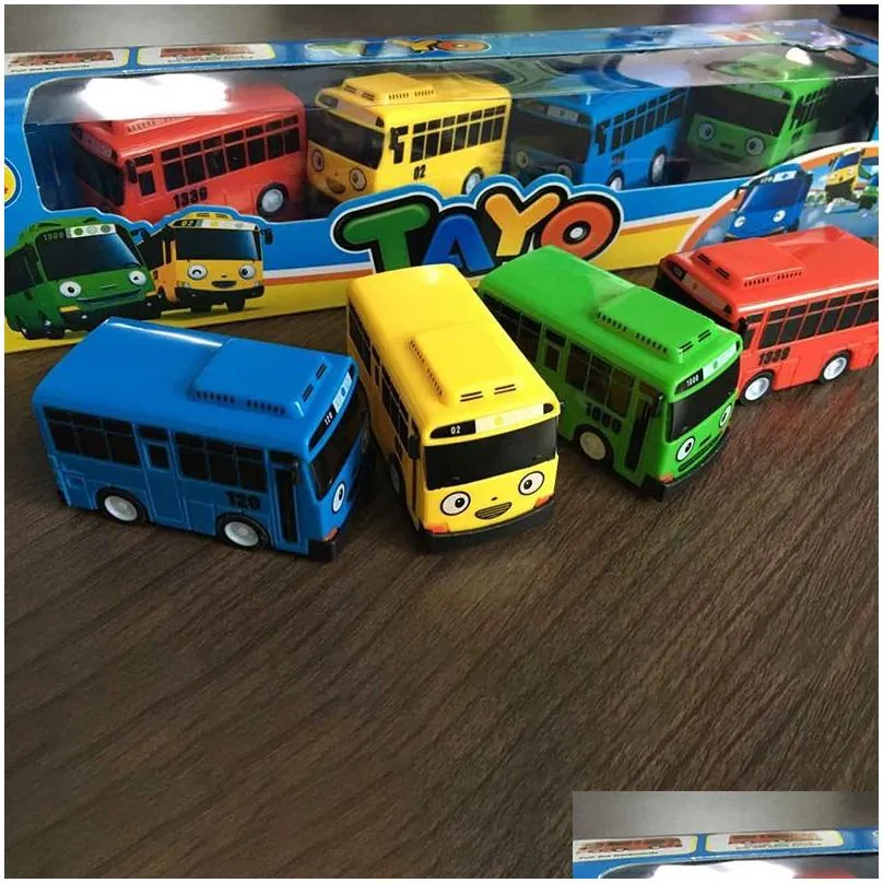 fun 4pcs/set tayo the little bus mini plastic pull back blue tayo red gani yellow lani green rogi bus car model for kids gift lj200930