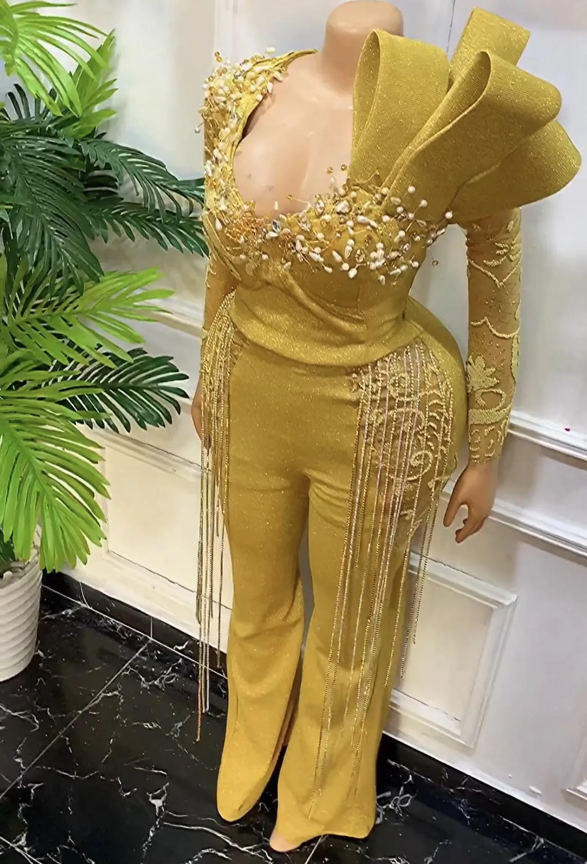 2023 August Aso Gold Sheath Jumpsuits Prom Dress Beaded Crystals Evening Formal Party Second Reception Birthday Engagement Gowns Dresses Robe De Soiree ZJ787