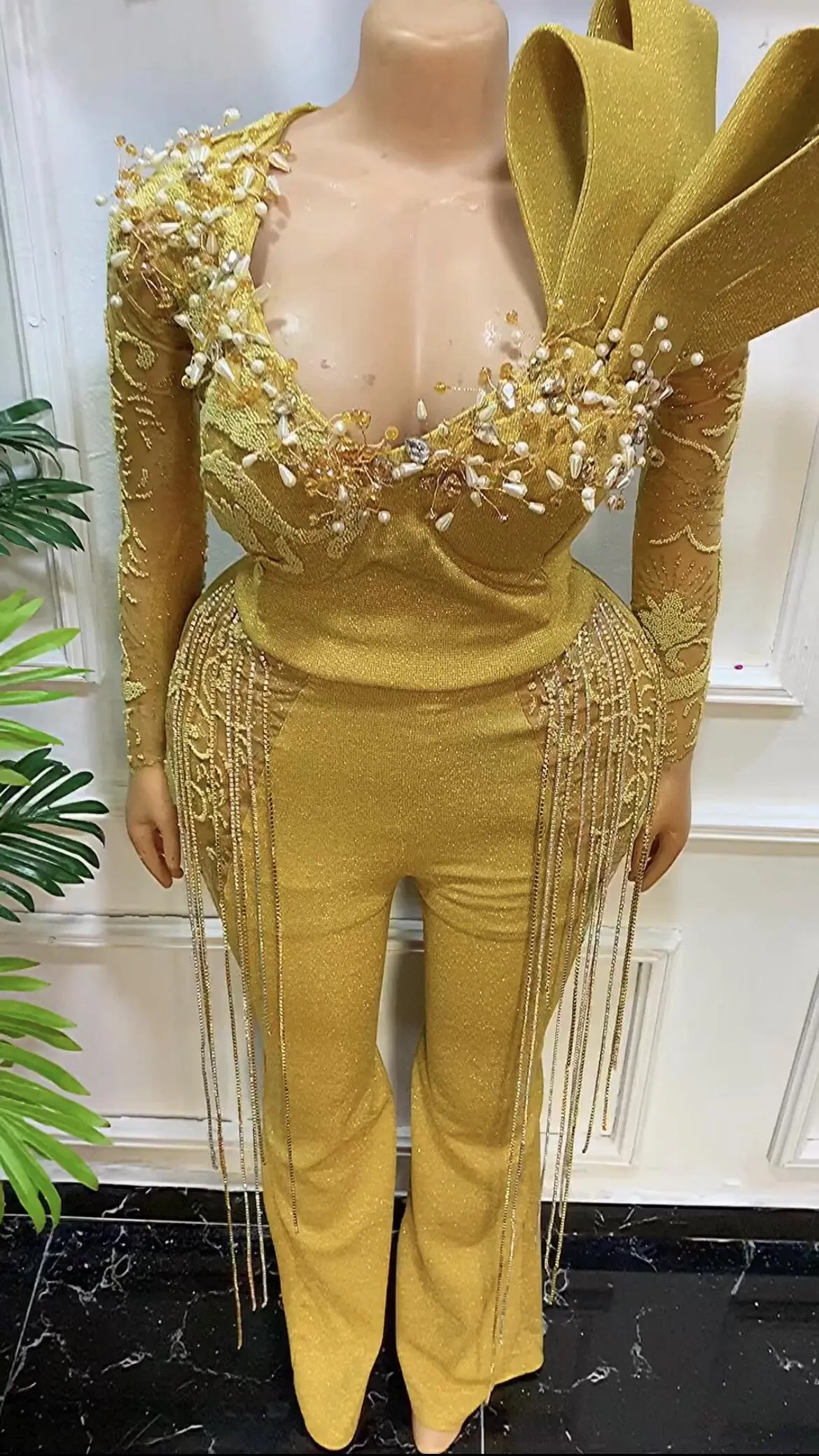 2023 August Aso Gold Sheath Jumpsuits Prom Dress Beaded Crystals Evening Formal Party Second Reception Birthday Engagement Gowns Dresses Robe De Soiree ZJ787
