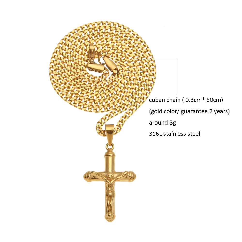 Jesus Cross Necklace Gold Plated Stainless Steel Pendant Fashion Religious Faith Necklaces Mens Hip Hop Jewelry