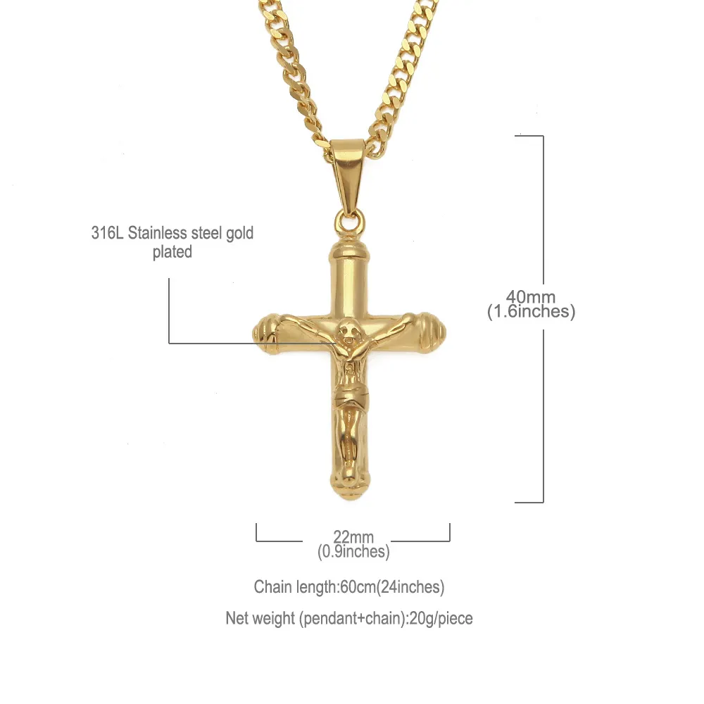 Jesus Cross Necklace Gold Plated Stainless Steel Pendant Fashion Religious Faith Necklaces Mens Hip Hop Jewelry