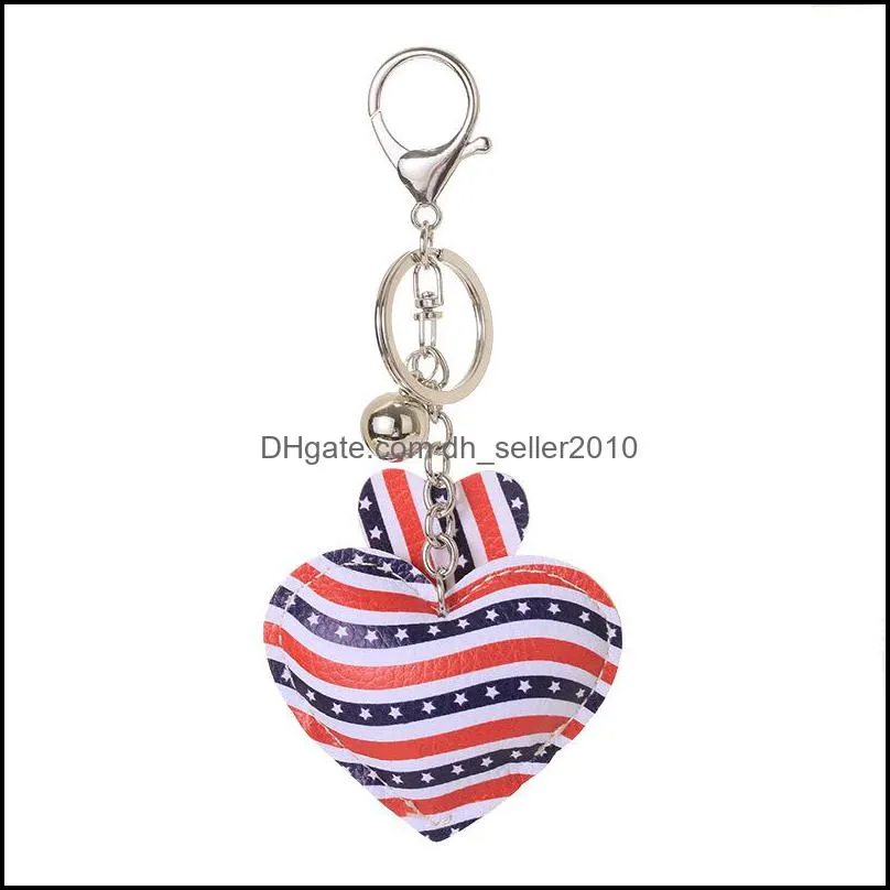 8 Colors Fashion Stars And Stripes Print PU Leather Love Heart Keychain Silver Color Clasp Pave Independence Day Key Chain Pendant 1127