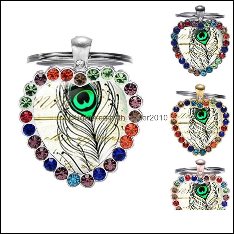 Keychains Ethnic Green Boho Peacock Feather Glass Art Heart Keychain Handmade Jewelry Top Grade Metal Key Ring Holder 4 Color Choose 3432