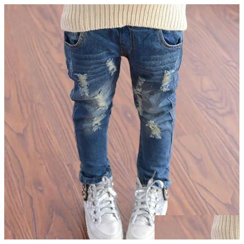 spring autumn elastic waist children denim pants kids boys jeans casual ripped leggings for baby girls child clothes 210811
