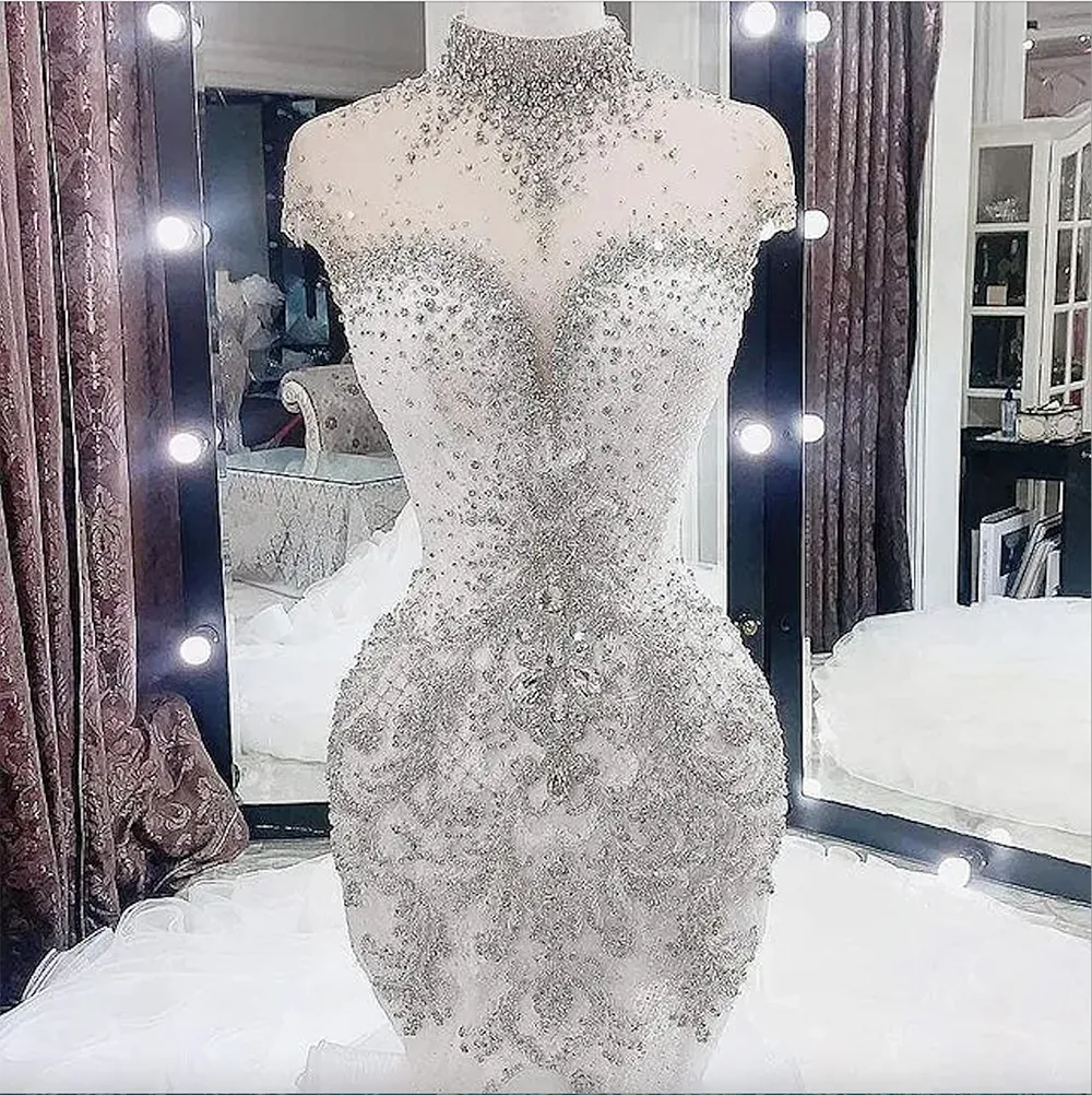 2023 Plus Size Arabic Aso Ebi Luxurious Beaded Crystals Wedding Dresses High Neck Mermaid Bridal Dresses Sheer Neck Wedding Gowns