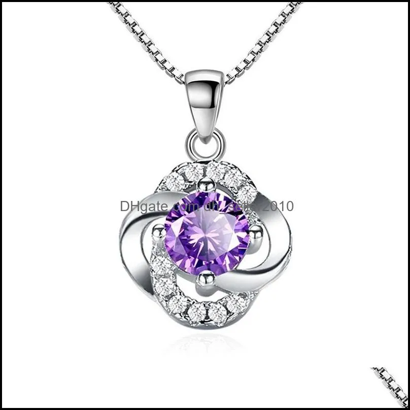 925 sterling silver new women fashion jewelry purple crystal zircon four-leaf clover flower pendant necklace length 45CM