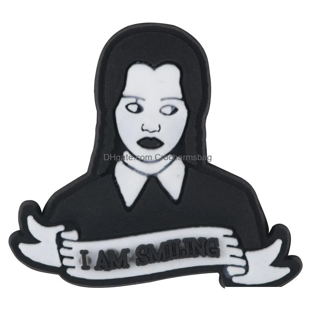 2023 PVC Wednesday Addams Family Croc Shoe Charms fit Wristband Buckles Accessories red heart gift for friend Avatar Friday