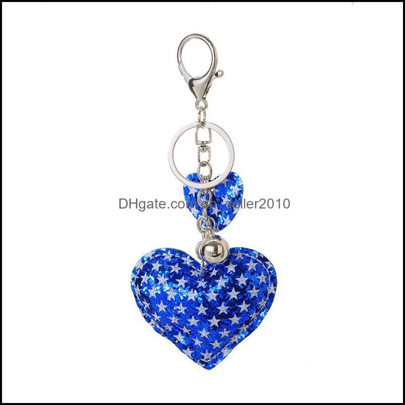 8 Colors Fashion Stars And Stripes Print PU Leather Love Heart Keychain Silver Color Clasp Pave Independence Day Key Chain Pendant 1127