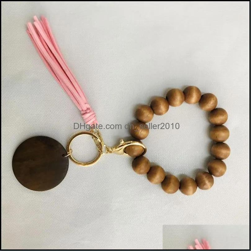 6 styles Wooden Bracelet Keychain with Tassels Key DIY Wood Fiber Pandent Wood Bead Bangle Key Decorate Fashion LLA654 1650 Q2