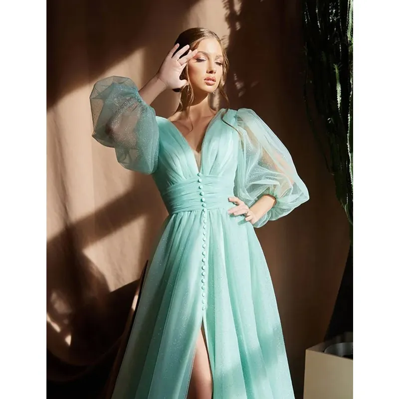 Blue V Neck Pastrol Glitter Evening Dress Long Sleeves Prom Dress Side Split A-Line Vestidos Formales