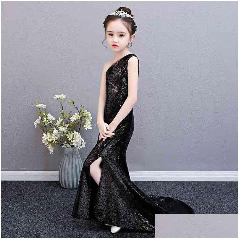 black sequin mermaid dress age for 3-14 yrs teenage g16 s one-shoulder vintage graduation gowns evening party kids frocks 210727